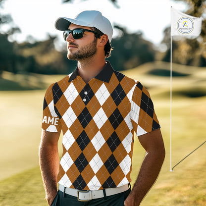 Mens golf polo shirt custom brown argyle plaid pattern golf attire for men NQS9848