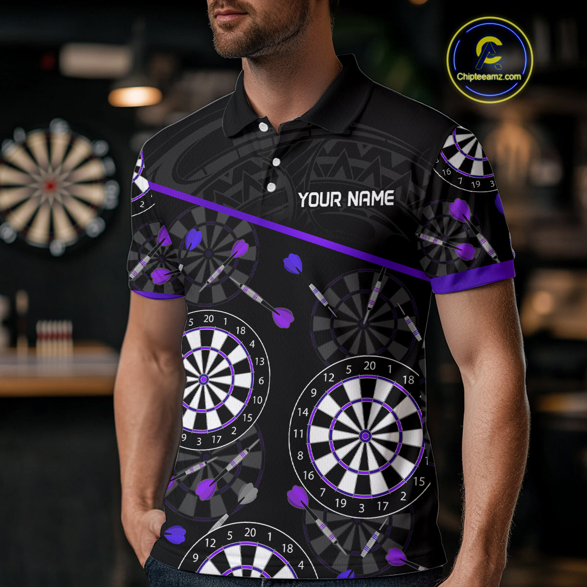 Men's Custom Darts Shirt With Purple-Black Dartboard And Arrows Pattern NYN0264