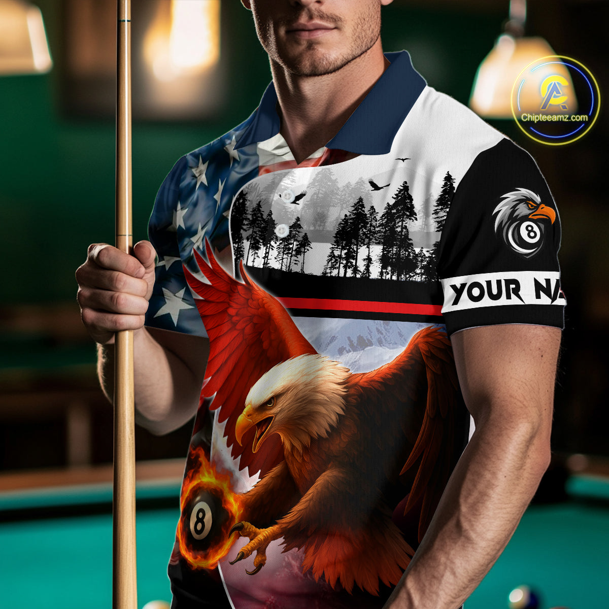 Custom American Flag Eagle 8 Ball Pool Vintage Billiard Shirts For Men, Patriotic Billiard Jerseys TDM3990