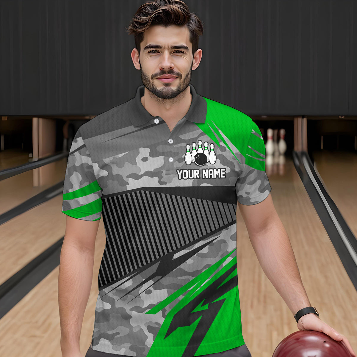 Green Camo Bowling Shirts for Women Men Custom Team Bowling Polo & 1/4 Zip Shirt MBL61
