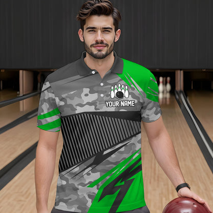 Green Camo Bowling Shirts for Women Men Custom Team Bowling Polo & 1/4 Zip Shirt MBL61