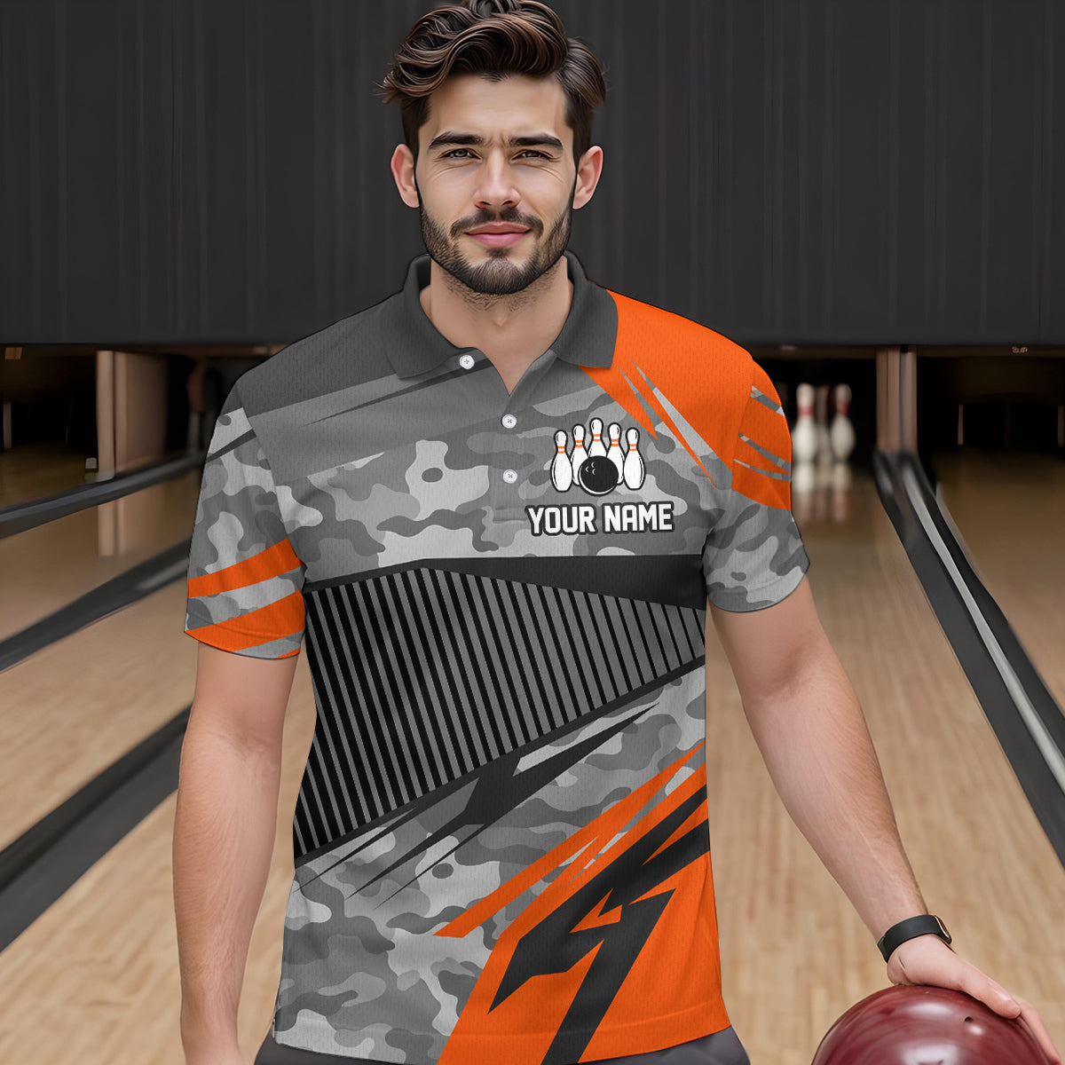 Orange Camo Bowling Shirts for Women Men Custom Team Bowling Polo & 1/4 Zip Shirt MBL61