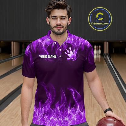 Custom Purple Flame Bowling Jersey for Men Bowling Uniform Polo & 1/4 Zip Bowling Team Shirts HNT106