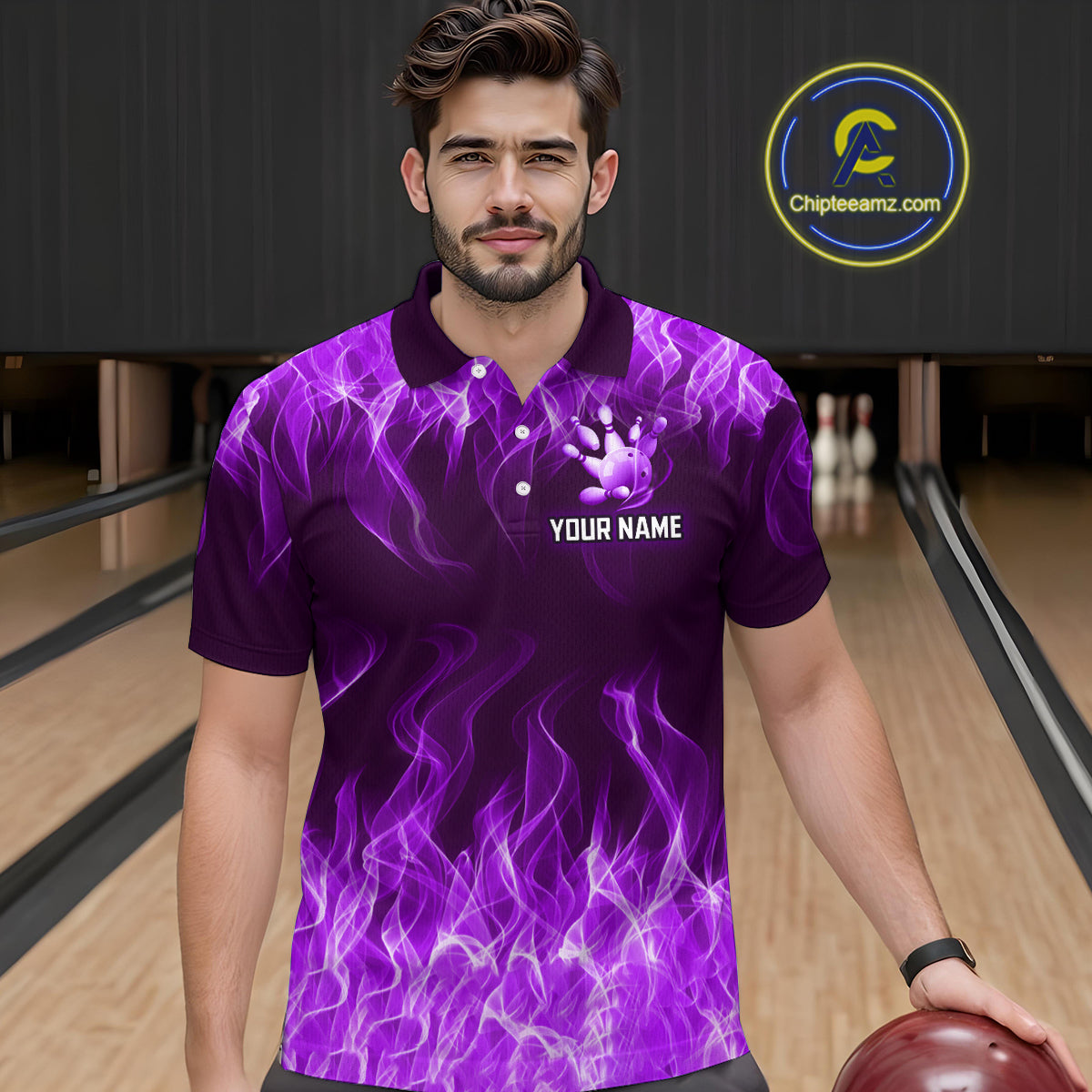 Custom Purple Flame Bowling Jersey for Men Polo & 1/4 Zip Bowling Team Shirts Bowling League HNT150