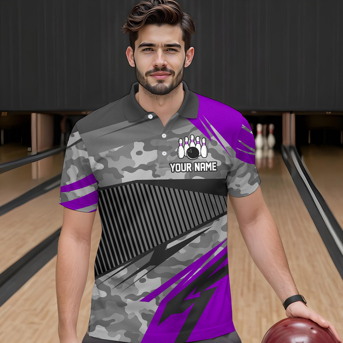 Purple Camo Bowling Shirts for Women Men Custom Team Bowling Polo & 1/4 Zip Shirt MBL61