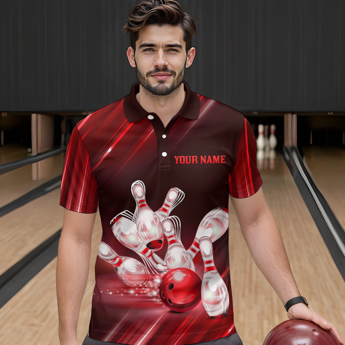 Custom Red Bowling Jersey for Men Bowling Team Shirts Bowling Uniform Polo & 1/4 Zip HNT162