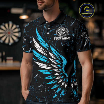 Custom White-Blue Wings Grunge Style Dart Shirt For Men, Dart Team Jerseys NYN0110