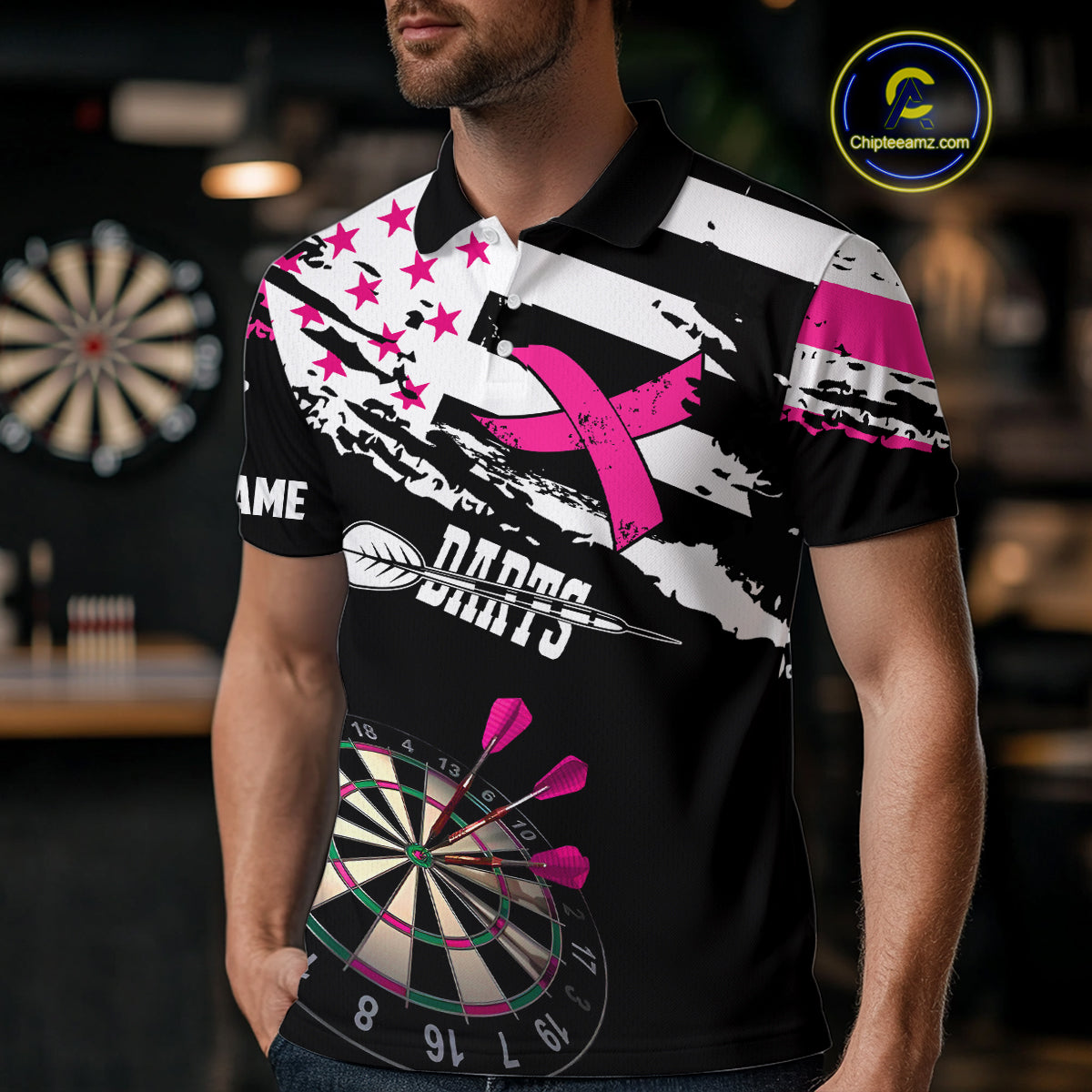 Personalized US Flag Pink Ribbon Darts Shirt For Men Custom Breast Cancer Awareness Darts Jersey TDM4493