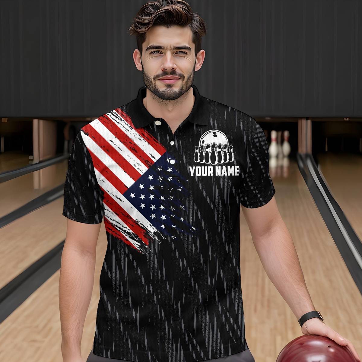 US Flag Personalized Bowling Team Shirts For Men Bowling League Polo & 1/4 Zip Shirt HNT11