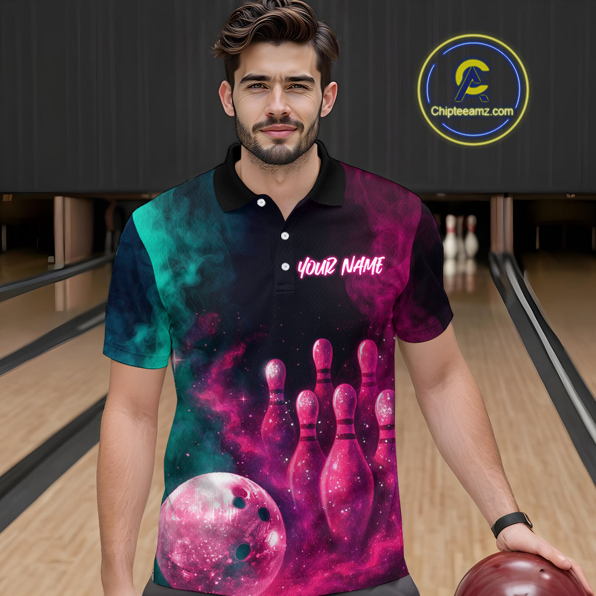 Green and Pink Smoke Bowling Shirts for Women Men Team Bowling Polo & Quarter Zip MBL129