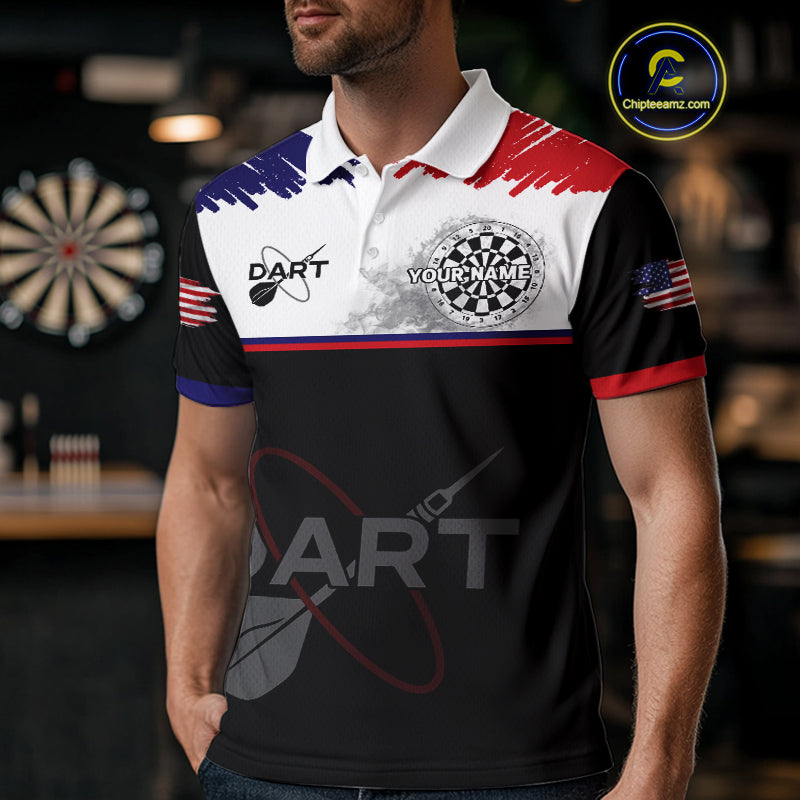 American Flag Grey Smoke Dartboard Men's Darts Shirt - Custom Name For Darts Jersey NYN0426