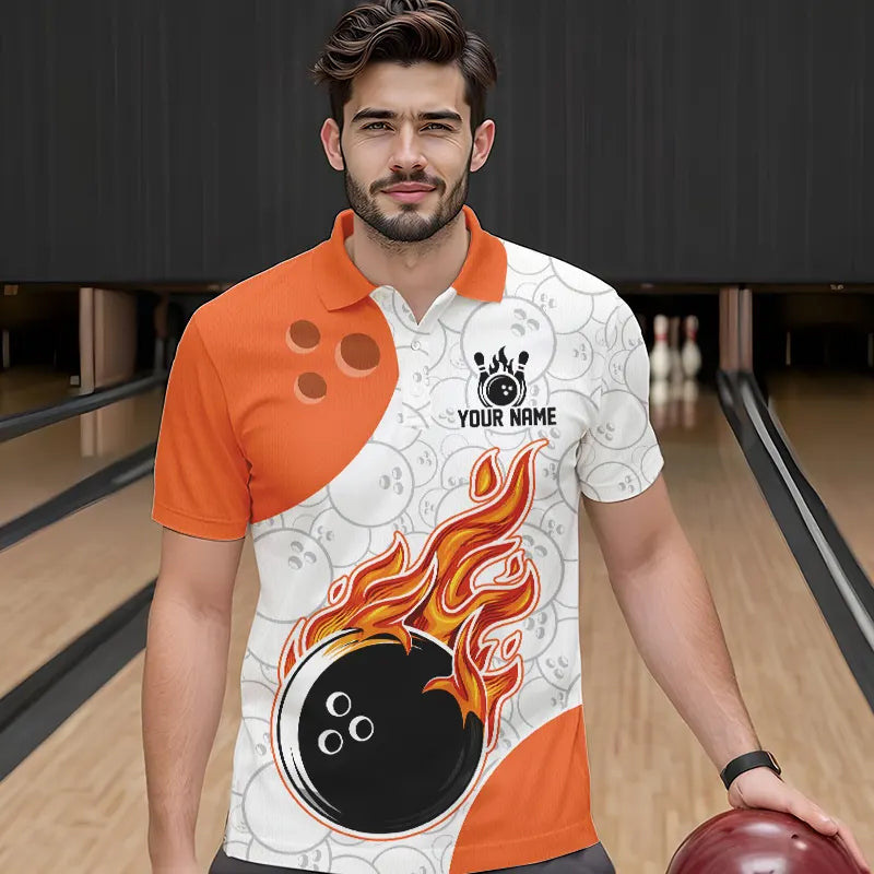 Man wearing custom orange and white bowling polo shirt, front view mockup, personalized bowling league jersey.