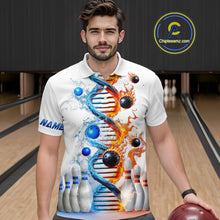 Load image into Gallery viewer, Man wearing custom ice and fire DNA bowling polo shirt, front view mockup, personalized bowling league jersey.