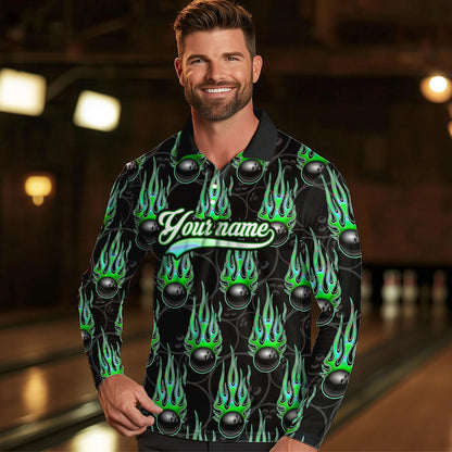 Black Bowling Ball Camo Green Flame Bowling Polo, 1/4 Zip Shirt for Men Custom Bowling Team Jersey NQS9479