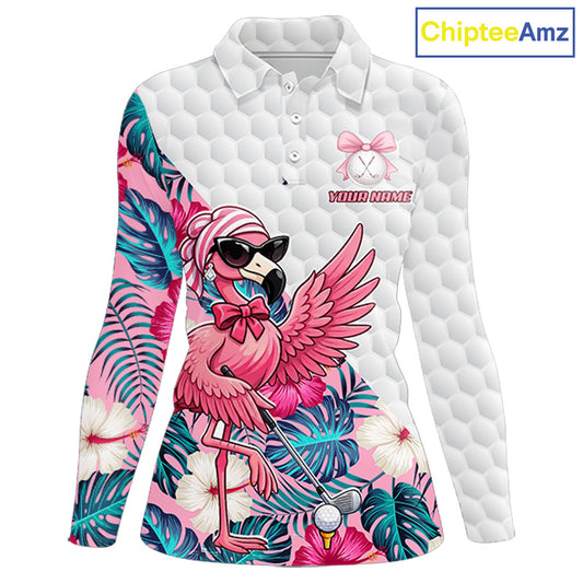 Pink Flamingo Golf Shirt For Women, Funny Tropical Patten Golf Polo Shirt, Ladies Golf Outfit For Team NHT730