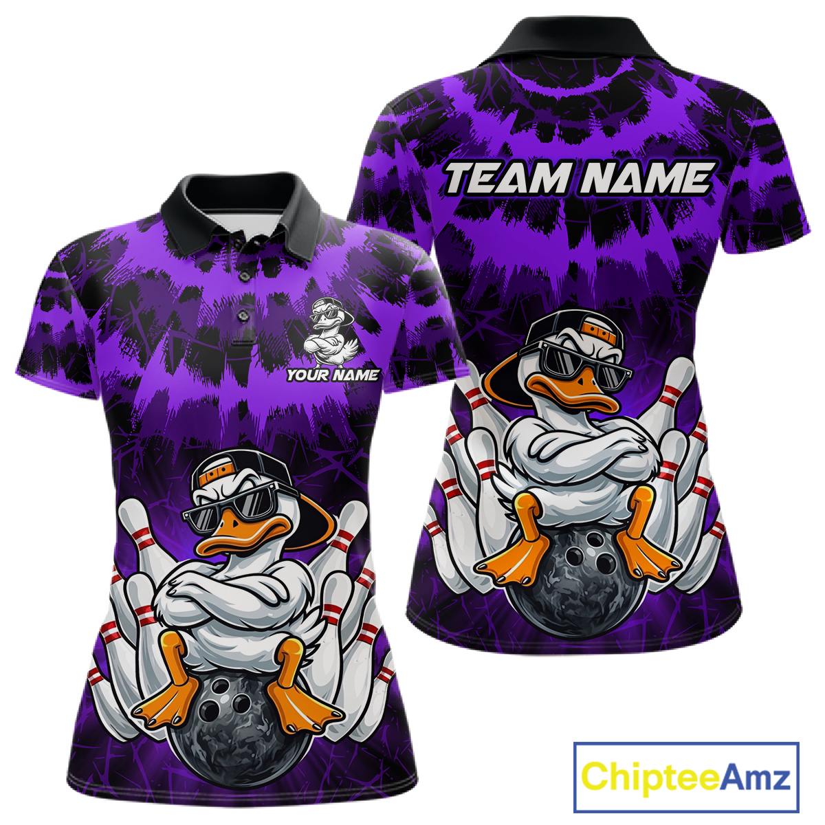 Custom Purple Funny Duck Bowling Jersey for Women Bowling Uniform Polo & 1/4 Zip Bowling Team Shirts HNT238