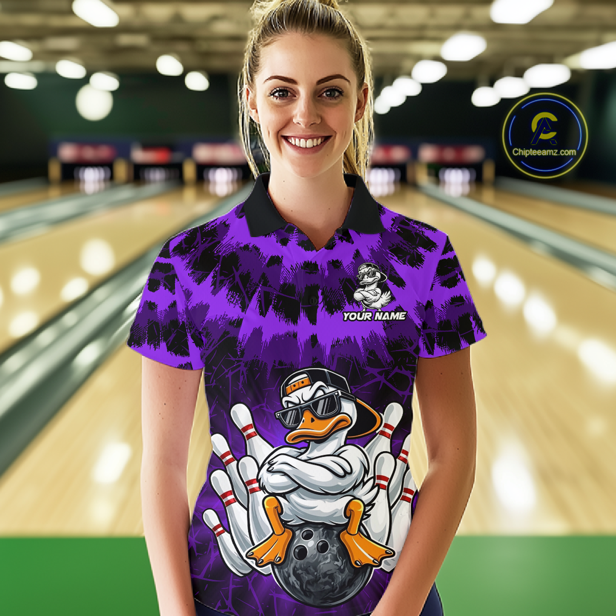 Custom Purple Funny Duck Bowling Jersey for Women Bowling Uniform Polo & 1/4 Zip Bowling Team Shirts HNT238