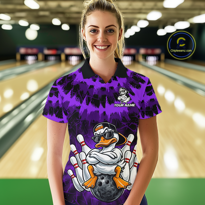 Custom Purple Funny Duck Bowling Jersey for Women Bowling Uniform Polo & 1/4 Zip Bowling Team Shirts HNT238