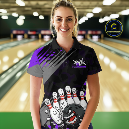 Custom Purple Funny Bowling Shirt Crazy Bowling Jersey Women Polo & 1/4 Zip Bowling Outfit QZT785