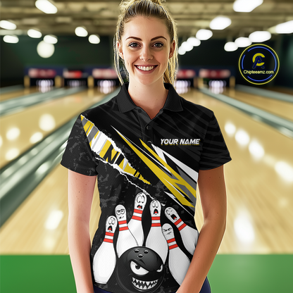 Custom Yellow Funny Bowling Jersey for Women Bowling Uniform Polo & 1/4 Zip Bowling Team Shirts HNT128