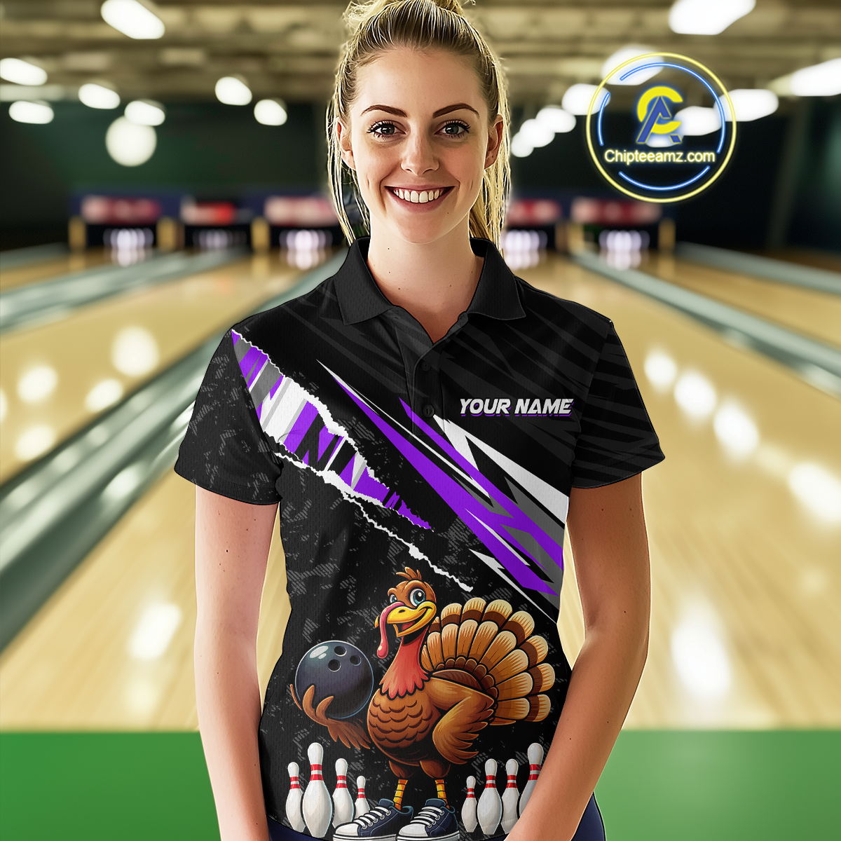 Custom Purple Funny Turkey Bowling Jersey for Women Thanksgiving Bowling Shirts Polo & 1/4 Zip HNT117