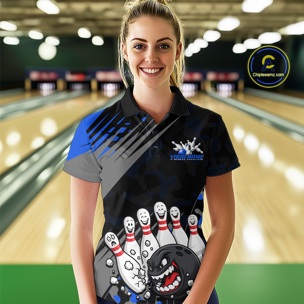 Custom Blue Funny Bowling Shirt Crazy Bowling Jersey Women Polo & 1/4 Zip Bowling Outfit QZT785