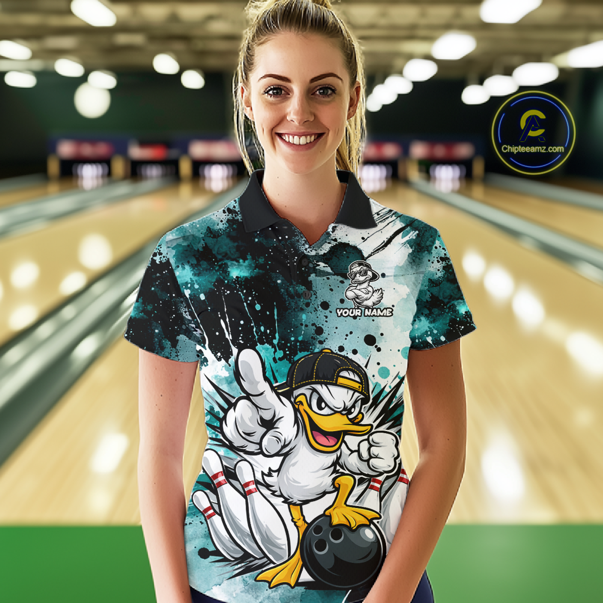 Custom Watercolor Teal Duck Bowling Jersey for Women Bowling Team Shirts Polo & 1/4 Zip HNT239