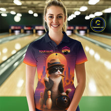 Load image into Gallery viewer, Women’s retro funny cat bowling polo shirt, front view on female model in bowling lane 
