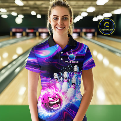 Custom Purple Blue Crazy Bowling Shirt for Women Polo & 1/4-Zip Bowling League Outfit QZT831