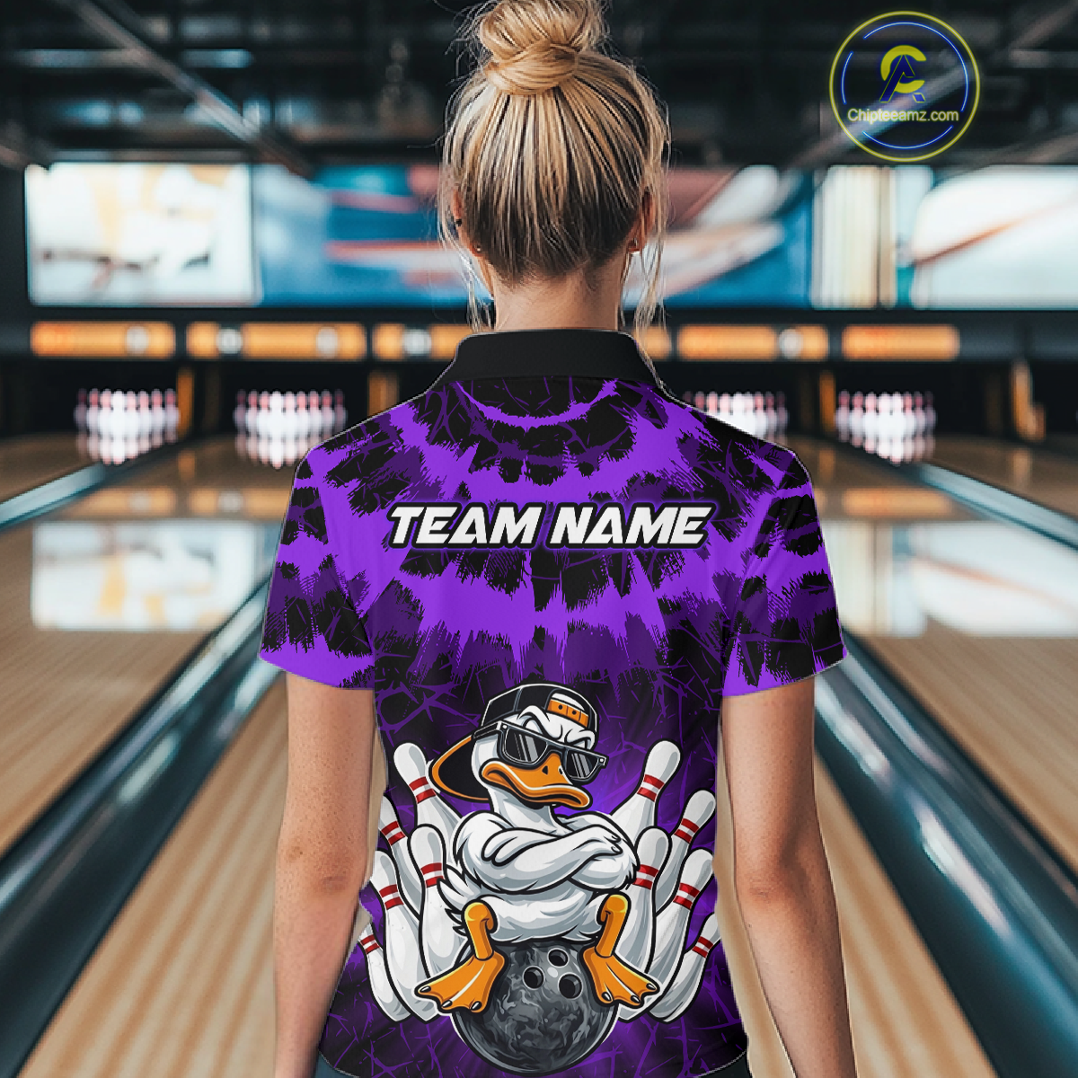 Custom Purple Funny Duck Bowling Jersey for Women Bowling Uniform Polo & 1/4 Zip Bowling Team Shirts HNT238