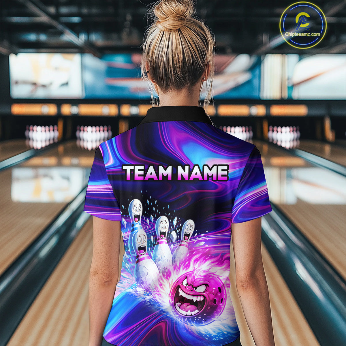 Custom Purple Blue Crazy Bowling Shirt for Women Polo & 1/4-Zip Bowling League Outfit QZT831