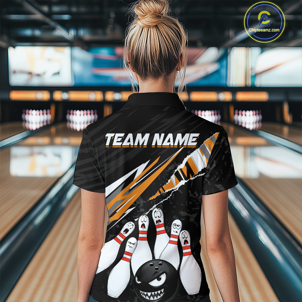 Custom Orange Funny Bowling Jersey for Women Bowling Uniform Polo & 1/4 Zip Bowling Team Shirts HNT128