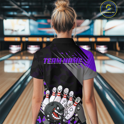 Custom Purple Funny Bowling Shirt Crazy Bowling Jersey Women Polo & 1/4 Zip Bowling Outfit QZT785