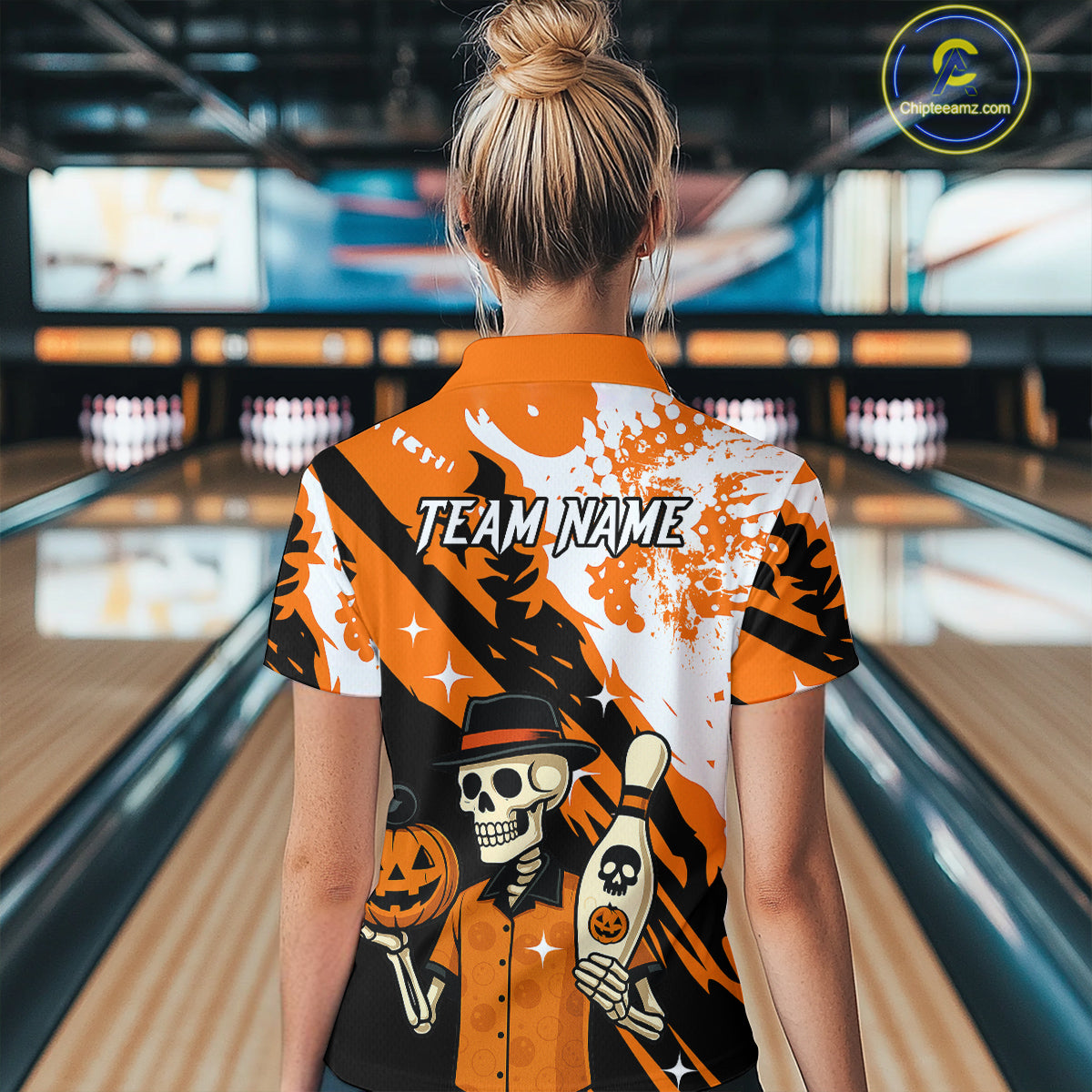 Orange Funny Skull Bowling Shirt for Women Personalized Polo & 1/4-Zip Bowling Jersey Halloween QZT768
