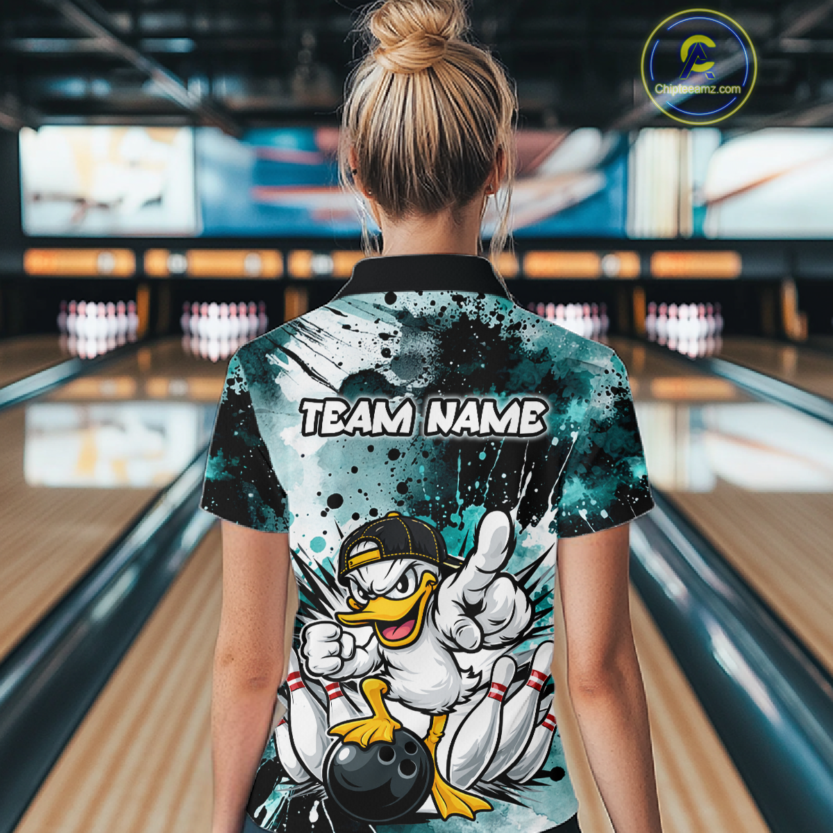 Custom Watercolor Teal Duck Bowling Jersey for Women Bowling Team Shirts Polo & 1/4 Zip HNT239