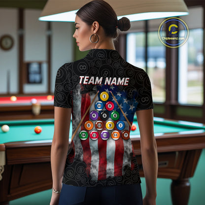 American Flag 8 Ball Billiard Shirts For Women Custom Pool Team Jerseys Polo & Quarter Zip TDM3966