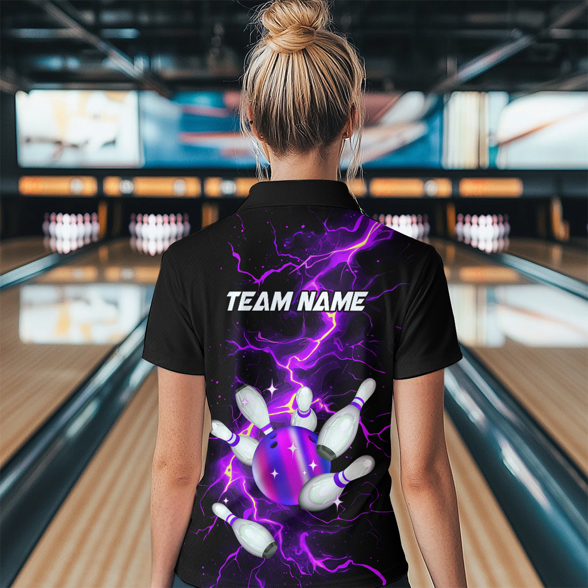 Black and Purple Lightning Bowling Shirts For Women Custom Bowling Team Uniform Bowlers Outfits NQS9597