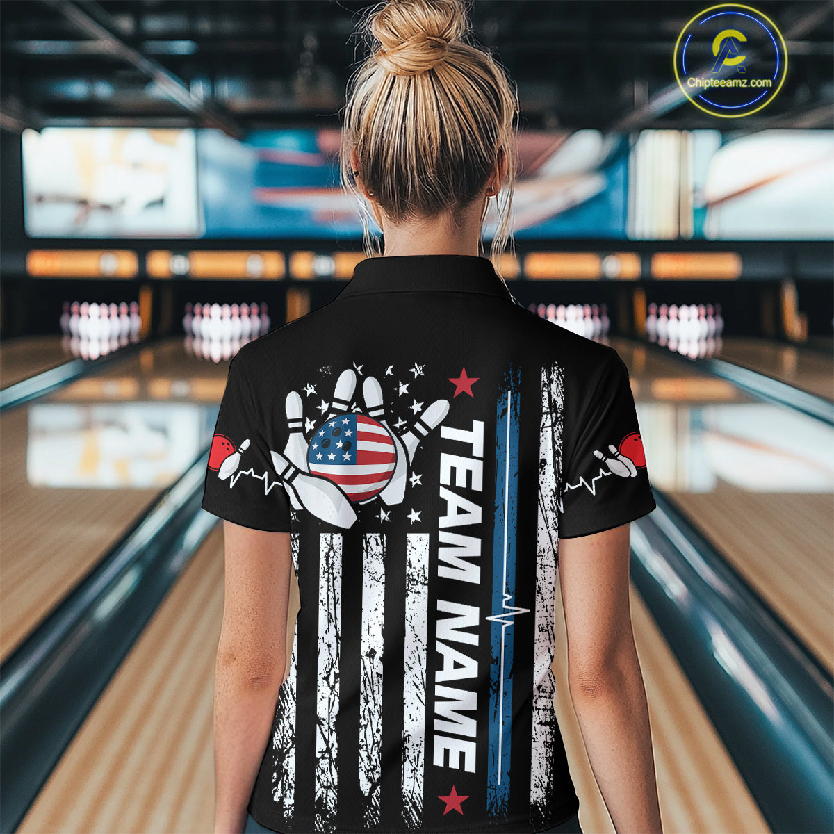 American Flag Bowling Custom Women Bowling Shirt Polo & Quarter-Zip Bowling Team Jerseys HNT54