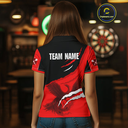 Custom Dart Team Shirt For Women With Crimson Phoenix On Black Linear Pattern NYN0277