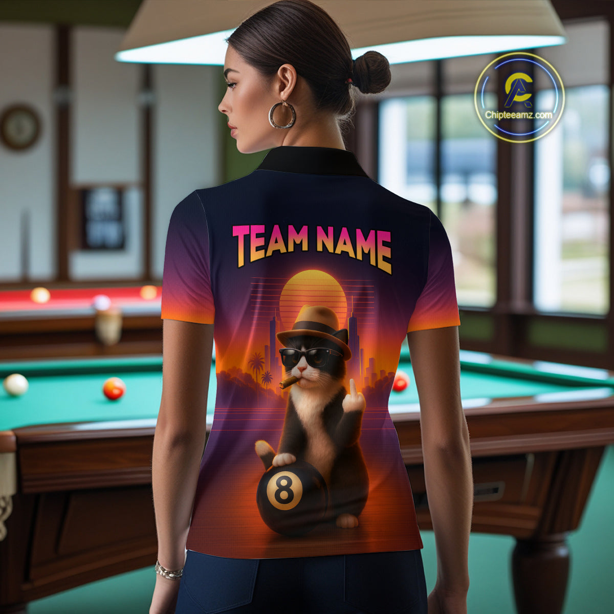 Custom Funny Cat 8 Ball Billiard Jersey for Women Billiard Uniform Polo & 1/4 Zip Billiard Team Shirts NNT80