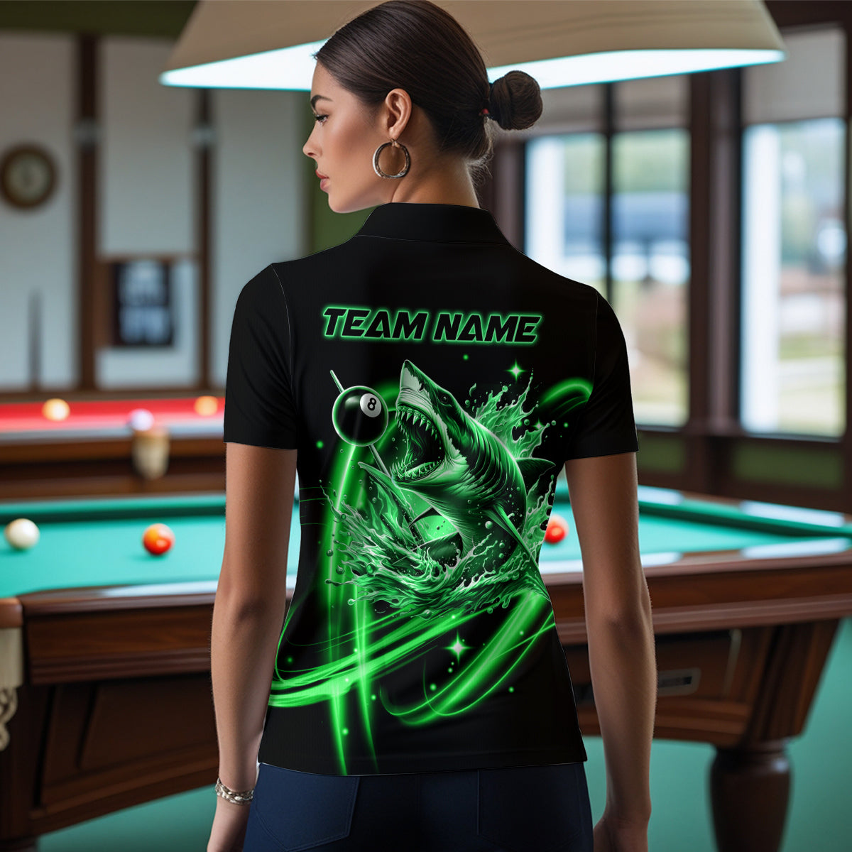 Green 8 Ball Pool Billiard Shark Polo & Quarter Zip For Women Custom Team League Billiard Jersey TDM3732