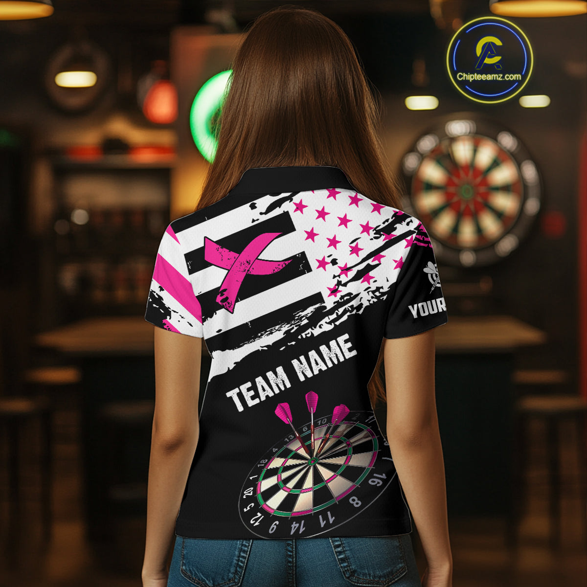 Personalized US Flag Pink Ribbon Darts Shirt For Women Custom Breast Cancer Awareness Darts Jersey TDM4493