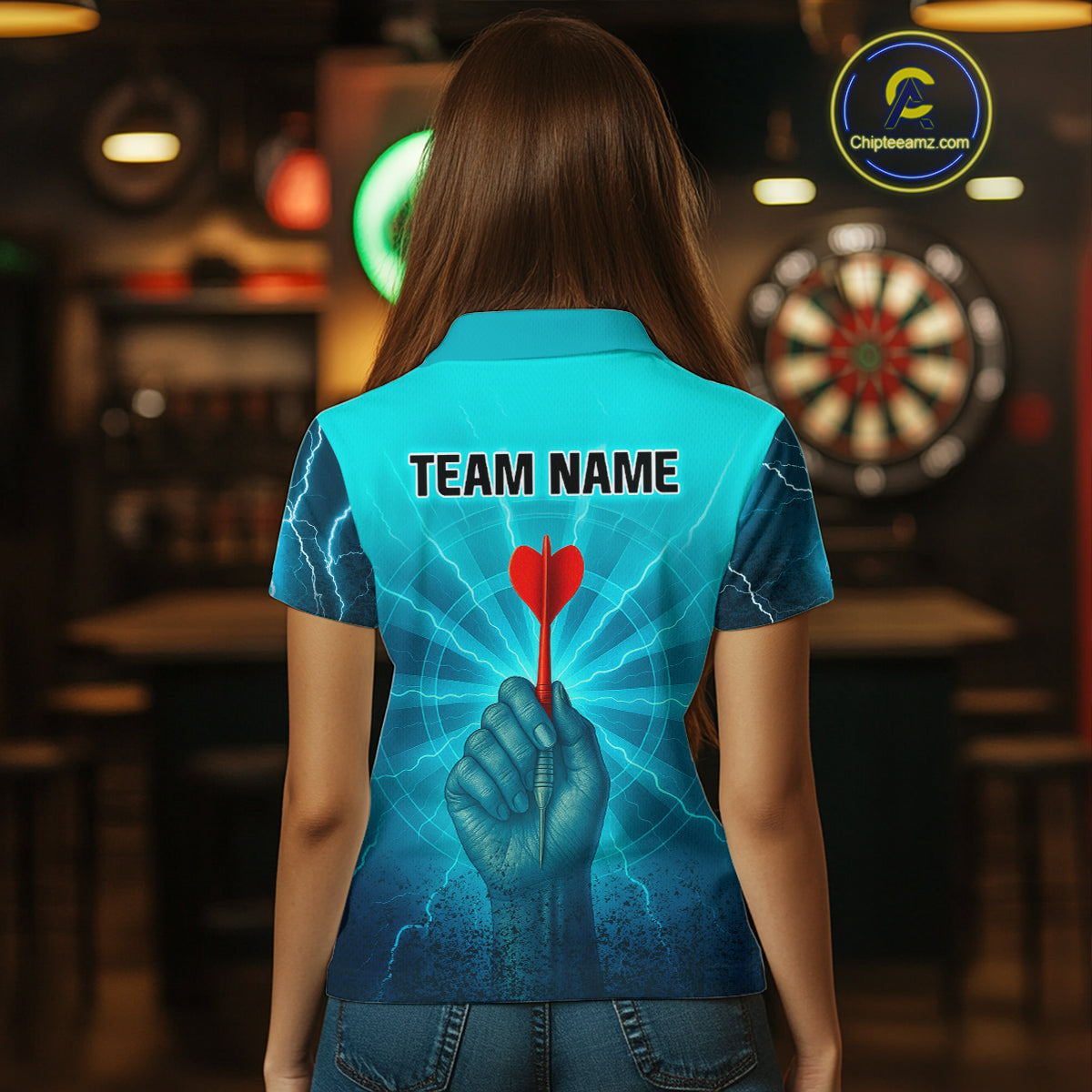 Women’s Custom Darts Shirt - Turquoise Lightning Fist With Maroon Dart Arrow NYN0316