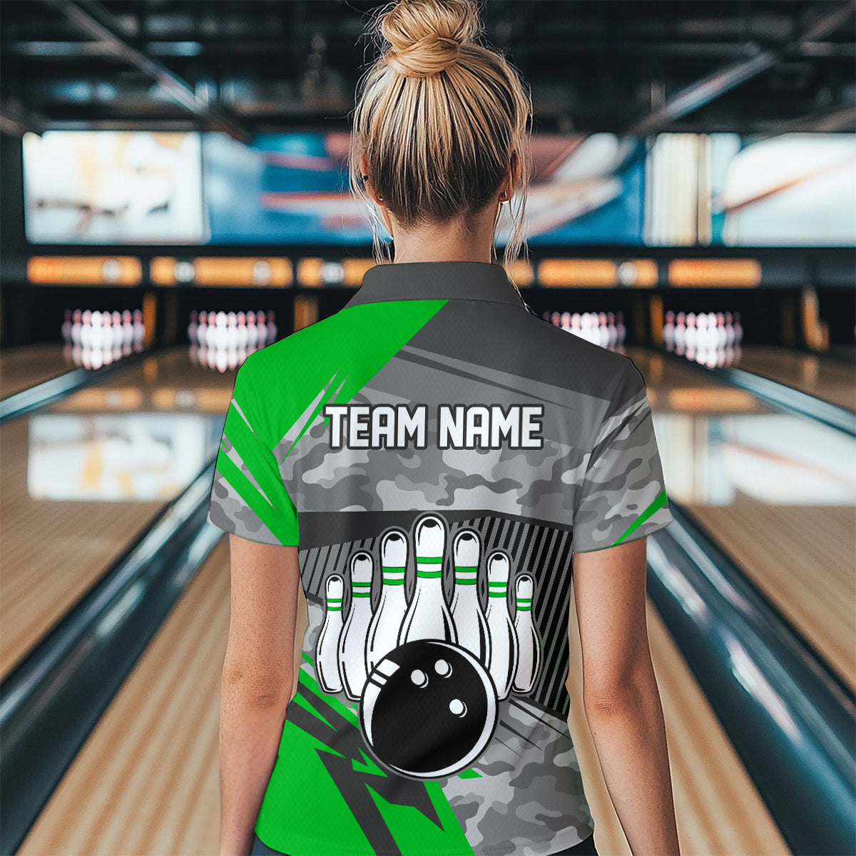 Green Camo Bowling Shirts for Women Men Custom Team Bowling Polo & 1/4 Zip Shirt MBL61