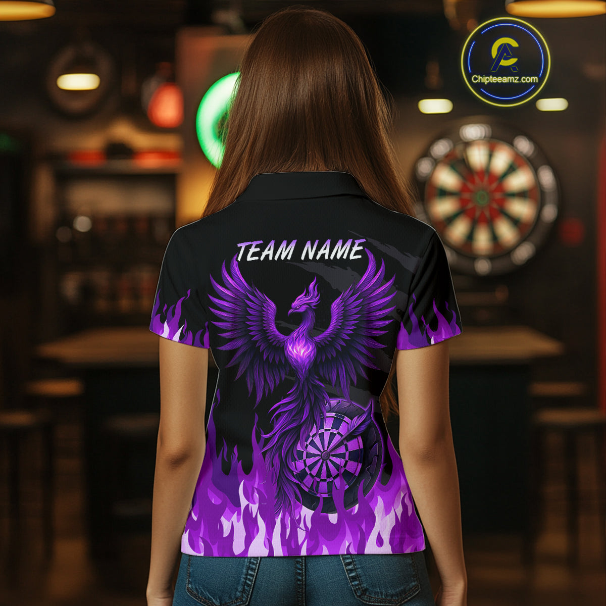 Women's Custom Darts Team Shirt With Purple Phoenix Dartboard And Flame Pattern NYN0341