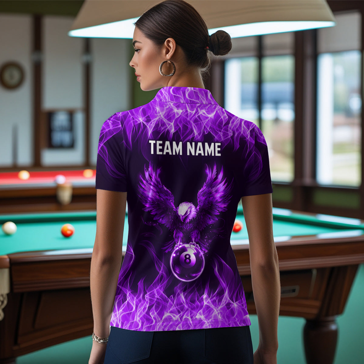 Personalized Purple Eagle Flaming 8 Ball Pool Bliiard Polo & 1/4 Zip, Billiard Shirt for Women, Billiard Team Jerseys NNT36