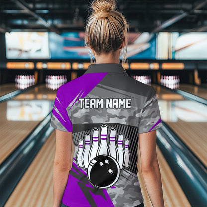 Purple Camo Bowling Shirts for Women Men Custom Team Bowling Polo & 1/4 Zip Shirt MBL61
