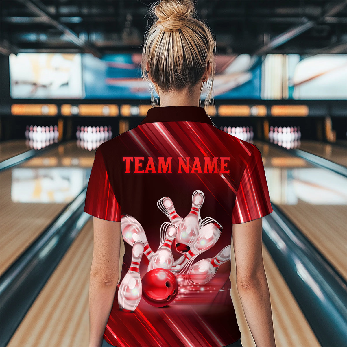 Custom Red Bowling Jersey for Women Bowling Team Shirts Bowling Uniform Polo & 1/4 Zip HNT162
