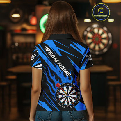 Blue Dartboard Flame Custom Dart Shirts For Women, Darts Team Jerseys Polo & Quarter Zip Shirts TDM4004