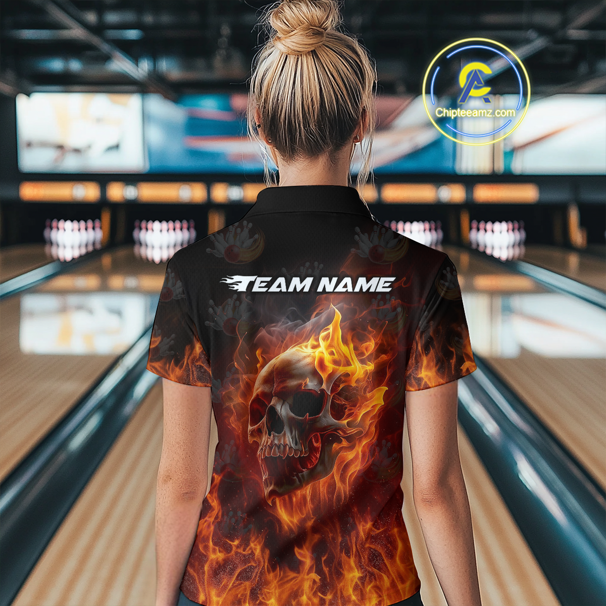 Custom Flame Skull Bowling Jersey for Women Bowling Uniform Polo & 1/4 Zip Bowling Team Shirts HNT112
